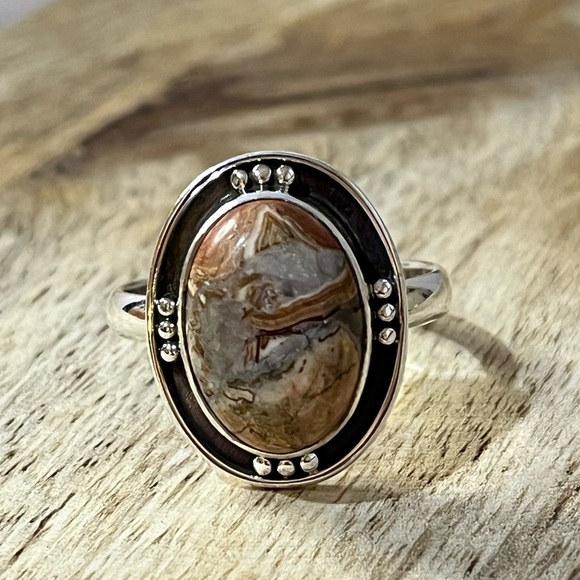 SOLID 925 STERLING SILVER MEXICAN LAGUNA LACE AGATE GEMSTONE RING SIZE 8.5 - Picture 5 of 9